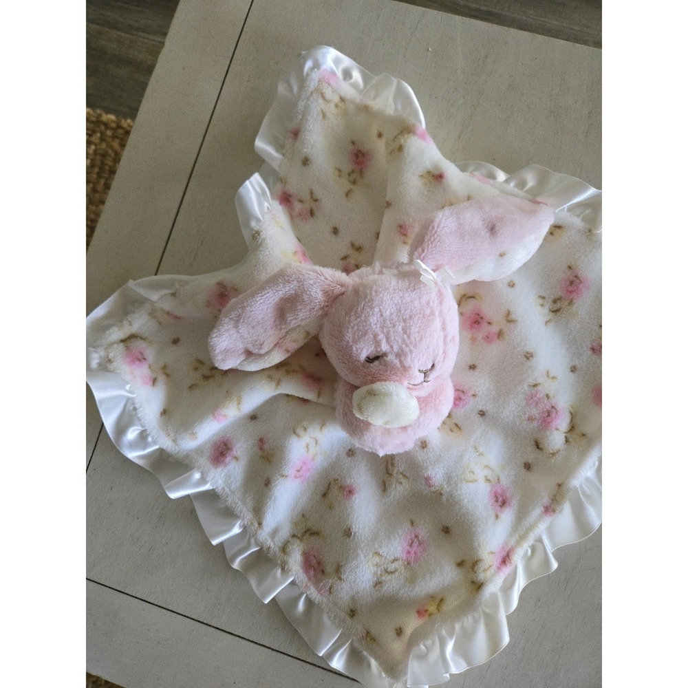 Little Me Pink Floral Bunny Rabbit Lovey Baby Plush Security Blanket Satin Back